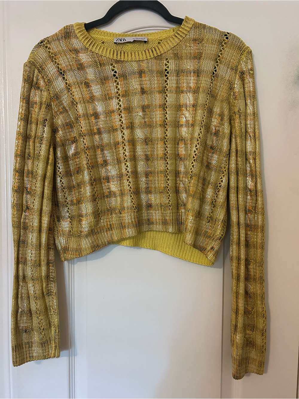 Zara Metallic Yellow Openwork Knit Sweater